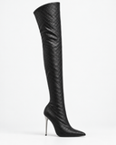 Paloma black boots, side view showing the tall shaft and textured finish.