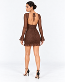Back view of the Orielle brown mini dress showing the open back and tie detail.