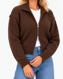 Estelle High Neck Zip Cardigan - Brown