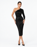 Noelle Sequin One Shoulder Midi Dress in Black, product view 2