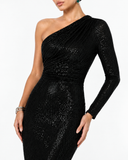 Noelle Sequin One Shoulder Midi Dress in Black, product view 4