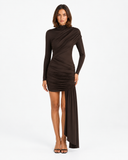 Odette Draped Long Sleeve Mini Dress in Brown, product view 1