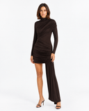 Odette Draped Long Sleeve Mini Dress in Brown, product view 4