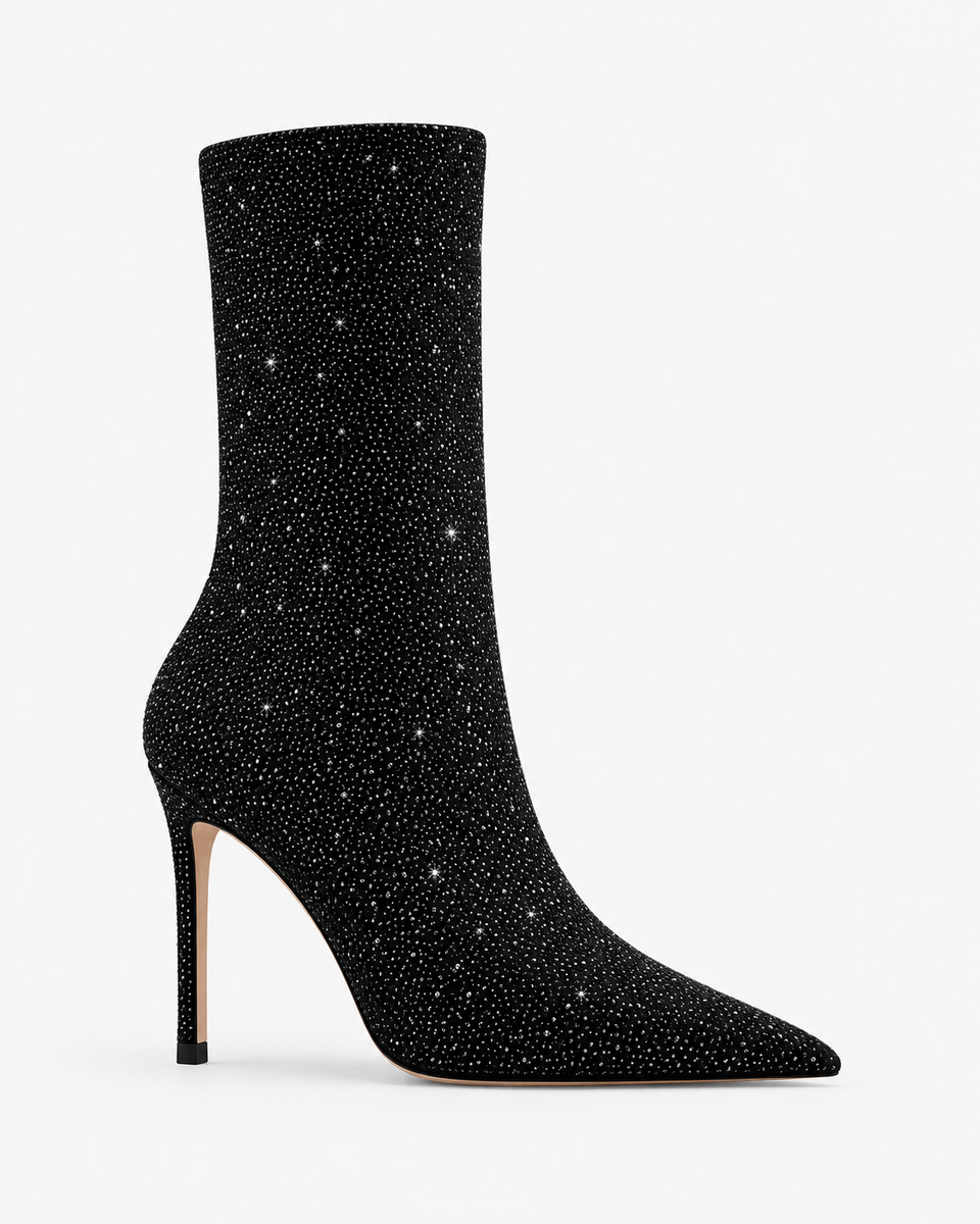 Ophelia black boots, side view showing the pointed toe and stiletto heel.