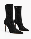 Ophelia black boots, pair viewed at an angle.