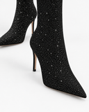 Ophelia black boots, close-up of the shimmering finish.