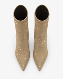 Ophelia khaki boots, overhead view of the openings and pointed toes.