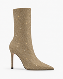Ophelia khaki boots, side view showing the pointed toe and stiletto heel.