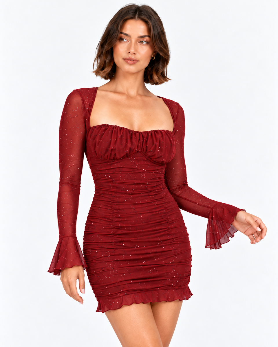Close-up front view of the Orielle wine red mini dress with gathered bust detailing.
