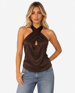 Model wearing the Roselle brown satin halter top