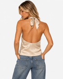 Alternate view of a model wearing the Roselle champagne satin halter top
