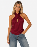 Model wearing the Roselle wine red satin halter top