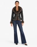 Front view of the Sabine black faux leather jacket with brown faux fur collar and cuffs