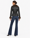 Back view of the Sabine black faux leather jacket with brown faux fur collar and cuffs