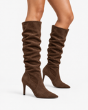 Ines coffee boots, worn view showing the tall gathered shafts.