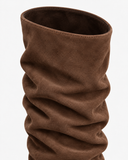 Ines coffee boots, close-up of the gathered shaft and ankle.