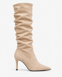 Ines khaki boots, side view showing the pointed toe and stiletto heel.