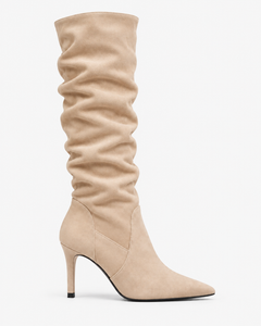 Ines khaki boots, side view showing the pointed toe and stiletto heel.