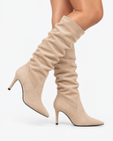 Ines khaki boots, worn view showing the tall gathered shafts.