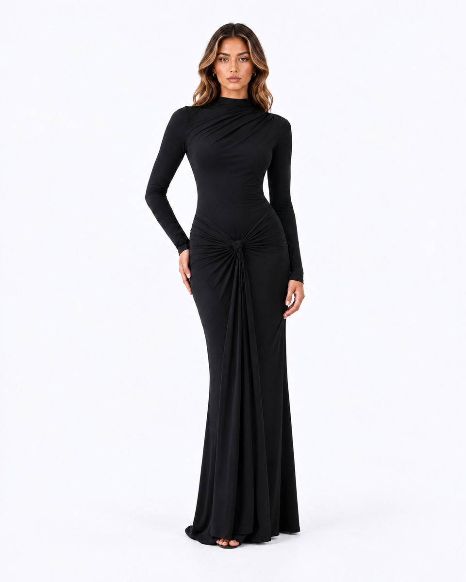 Sienna Draped Long Sleeve Maxi Dress in Black, product view 1