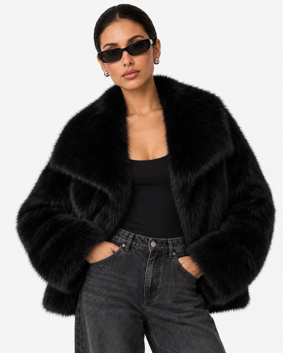 Front view of the Solenne black faux-fur jacket with wide collar