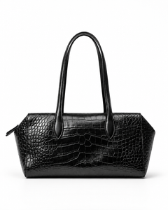 Front view of a black crocodile-pattern tote bag with twin handles on a white background.
