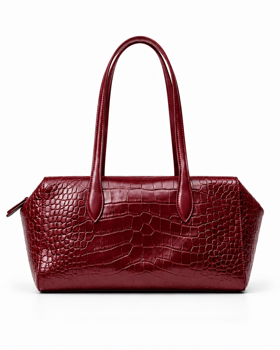 Front view of an Ankela Red crocodile-pattern tote bag with twin handles on a white background.