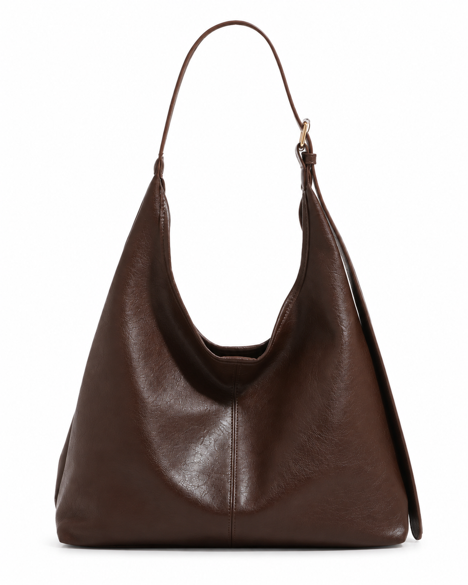 Brown faux leather shoulder bag shown from the front on a white background.