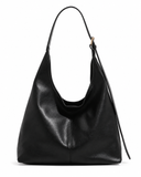 Black faux leather shoulder bag shown from the front on a white background.