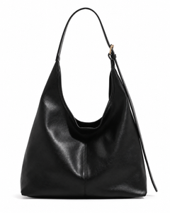 Black faux leather shoulder bag shown from the front on a white background.
