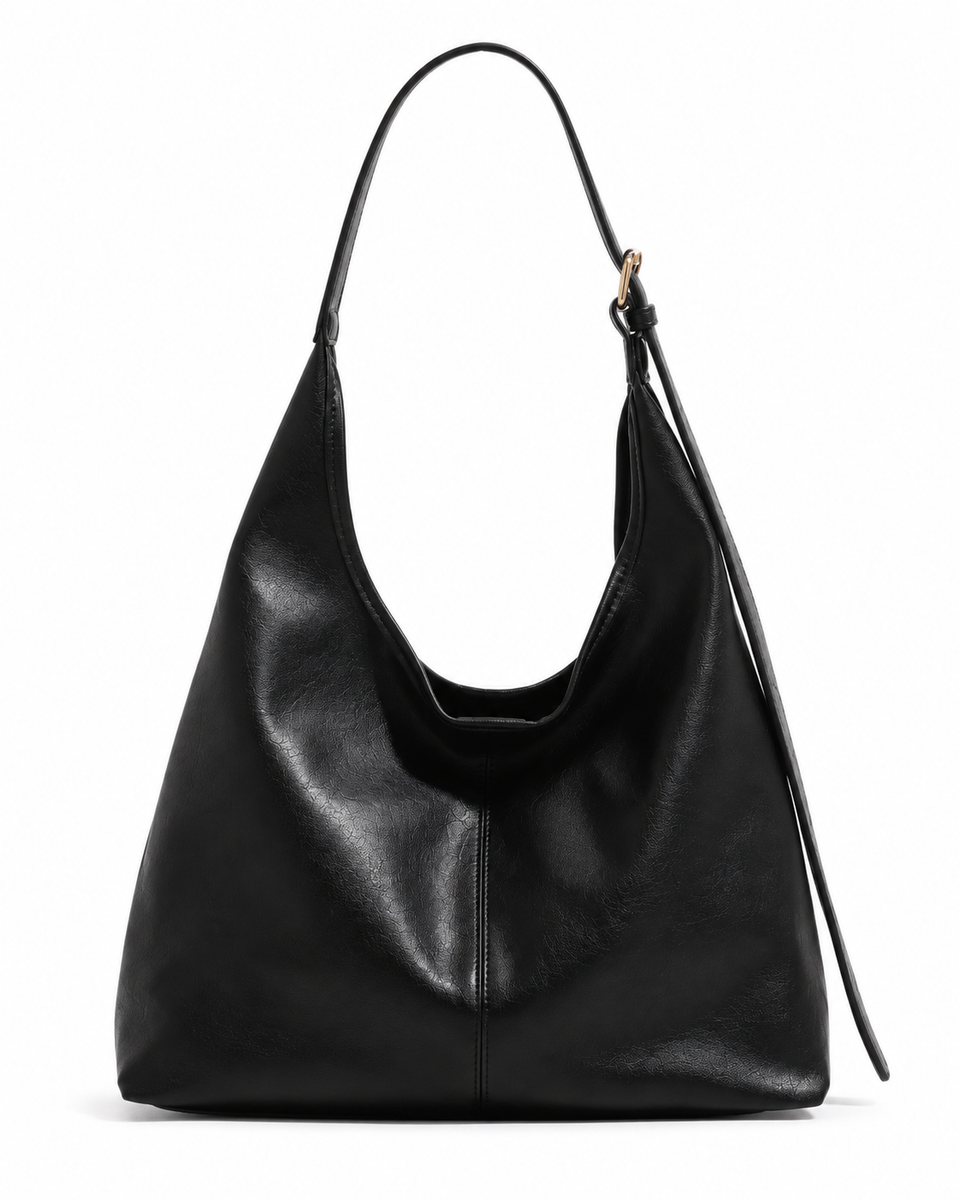 Black faux leather shoulder bag shown from the front on a white background.