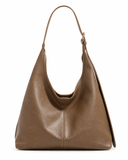 Khaki faux leather shoulder bag shown from the front on a white background.