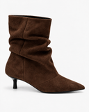 Thea brown boots, side view showing the gathered shaft and slender heel.