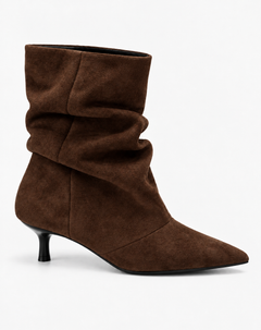 Thea brown boots, side view showing the gathered shaft and slender heel.