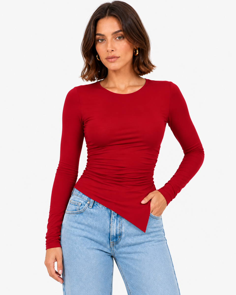 Marlowe Ruched Long Sleeve Top - Red