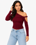 Mila Asymmetric Draped Long Sleeve Top - Burgundy