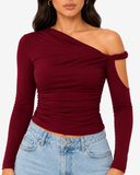 Mila Asymmetric Draped Long Sleeve Top - Burgundy