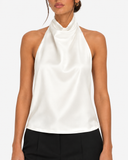 Celine Satin-Look High Neck Halter Top - White