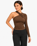 Ayla One Shoulder Long Sleeve Top - Light Brown