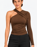 Ayla One Shoulder Long Sleeve Top - Light Brown