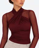 Aurore Draped Mesh Top - Burgundy