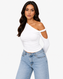 Mila Asymmetric Draped Long Sleeve Top - White