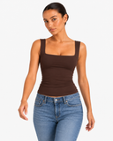 Nola Double Layer Square Neck Top - Brown
