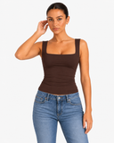 Nola Double Layer Square Neck Top - Brown