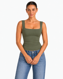 Nola Double Layer Square Neck Top - Army Green