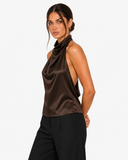 Celine Satin-Look High Neck Halter Top - Brown