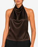 Celine Satin-Look High Neck Halter Top - Brown