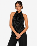 Celine Satin-Look High Neck Halter Top - Black