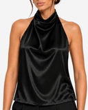 Celine Satin-Look High Neck Halter Top - Black