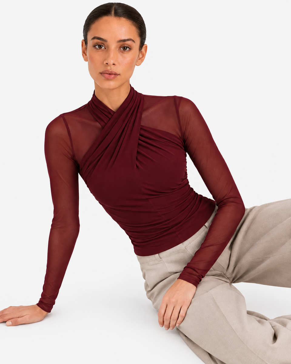 Aurore Draped Mesh Top - Burgundy